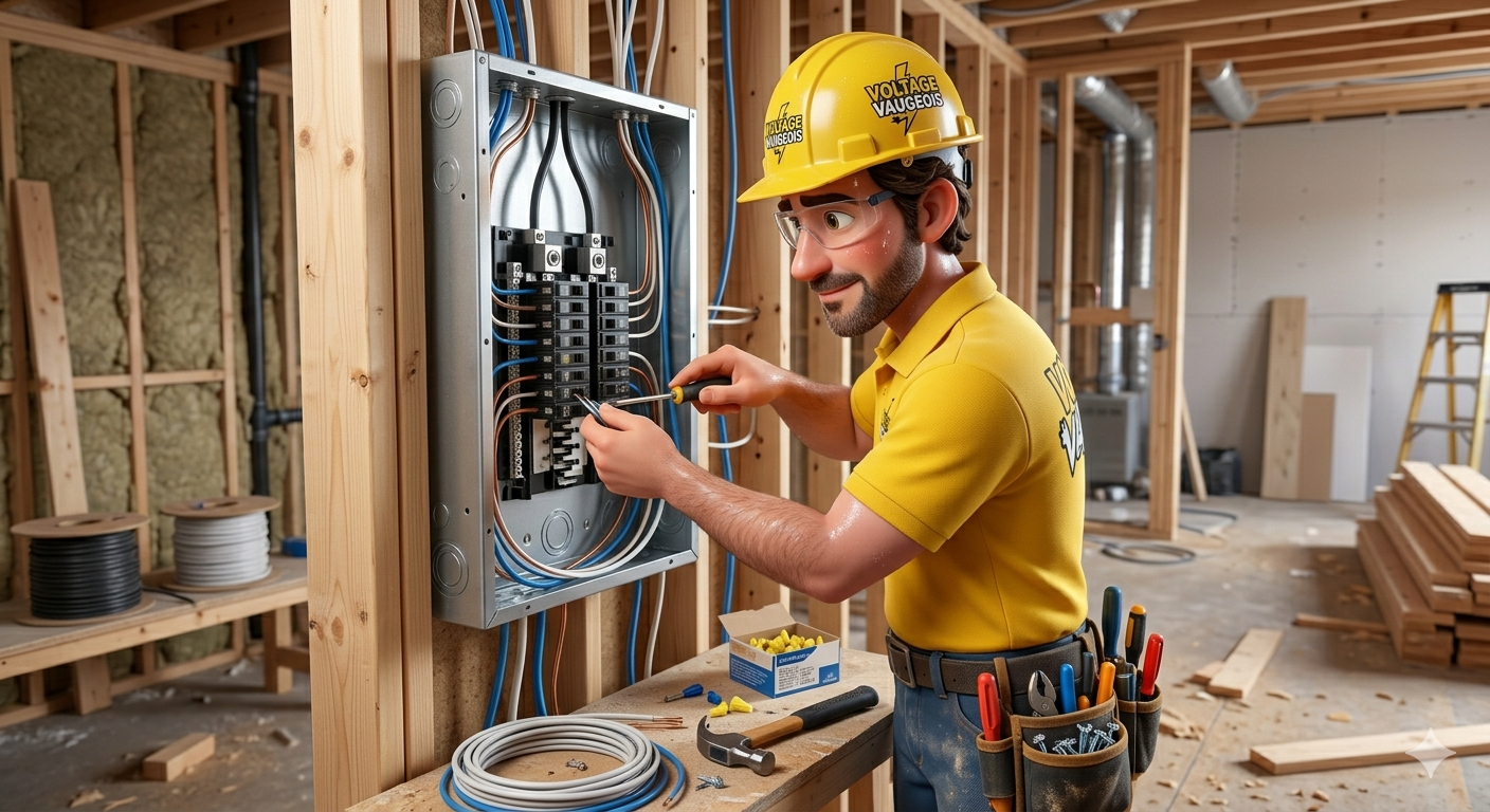 Technicien Voltage Vaugeois installant un panneau électrique