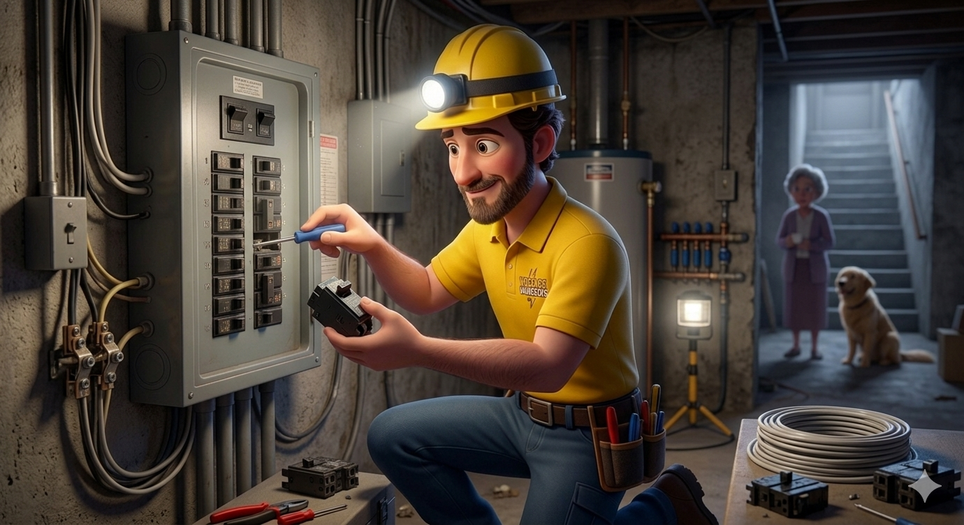 Technicien Voltage Vaugeois en intervention d'urgence sur un panneau électrique